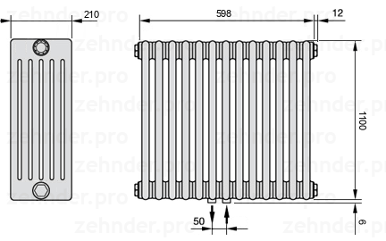 Схема (чертеж) Радиатор Zehnder Charleston 6110/13 №5410 Белый глянцевый RAL 9016